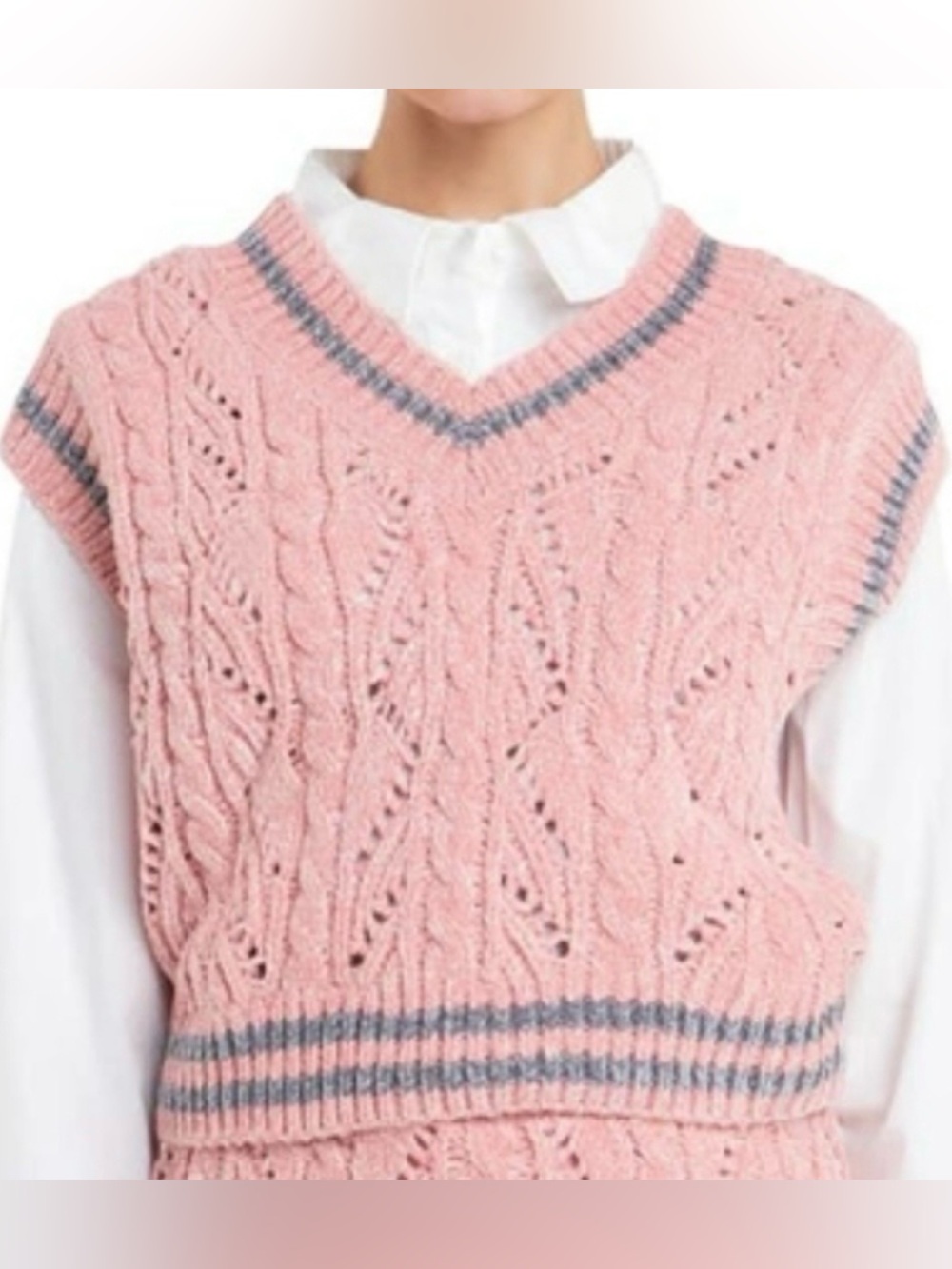 English Factory Sweater vest Chunky Womens L Mauve pink  Gray stripe V-neck NWT